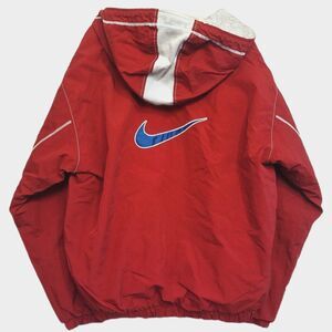 Vtg 90s Nike Puffy Jacket Red w/ Blue Swoosh Hooded Lightly Insulated Men's XL